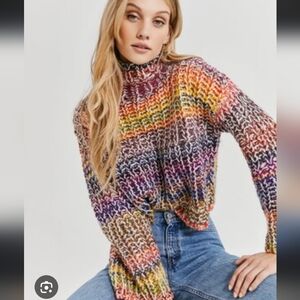 NWT Something Navy Rainbow Turtleneck Sweater Cropped XXS